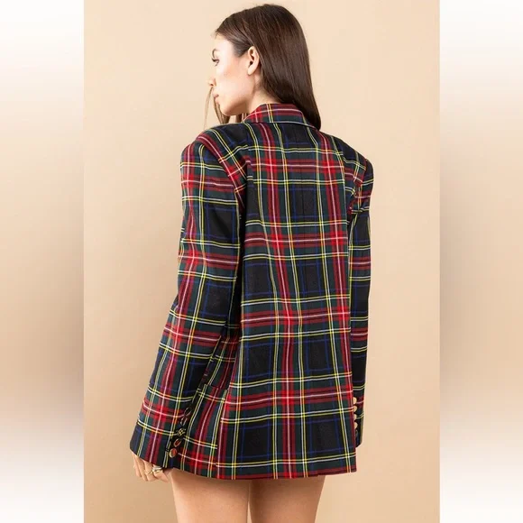 04 Chic Plaid Double Breasted Blazer Jacket - Picture 5 of 6